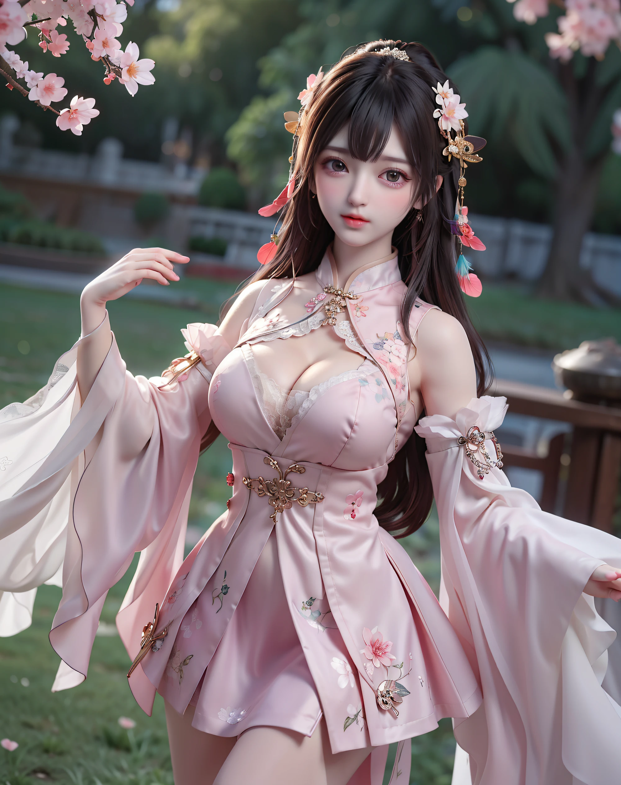 (8k, RAW photo:1.2), best quality, ultra high res,dramatic angle,(fluttered detailed color splashs), (illustration),(((1 girl))),(long hair),(rain:0.9), (Headdress:1.4),There is an ancient palace beside the girl,Hanfu,(Key Points),Color ink painting,(Splash of Color),Splash of Color,(((colorful))),(sketch:0.8) , Masterpiece, best quality, beautiful painted, highly detailed,(denoising:0.6),[splash ink],((ink refraction)), (beautiful detailed sky),moon,highly,detaild,(masterpiece, best quality, extremely detailed） CG Unity 8k Wallpaper，masterpiece，best quality，Ultra Detailed），（Lycoris）. hanfu open v open V-chested clothes Thin silk lace dress , (huge ，cleavage),, white pink and gren，best qualtiy，tmasterpiece，Ultra-high resolution，（Reality：1.4），RAW photogr，（True skin texture：1.3），（filmgrain：1.3），（Selfie angle），1个Giant Breast Girl，Beautiful eye and face details，tmasterpiece，Best quality at best，，The chest more exposed， detailed hair, brap urple , detail 8k, upper body, lace petticoat