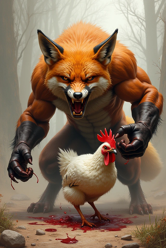 A muscular fox with a look of hatred tearing a chicken in half