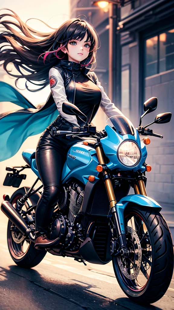 A beautiful girl on a motorcycle, very detailled, with vibrant colors and hair flying in the wind, with several lights