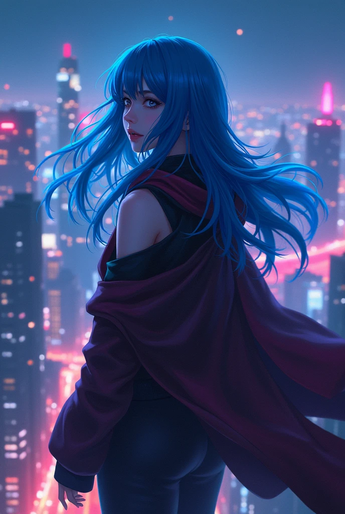 (work of art), best quality, ultra high resolution, Chiquita, cyberpunk, perfect eyes, 1girl flying over a stunning cityscape, hooded cloak, blue hair, pretty long hair, Off The Shoulder, neon colors, writer, stunning night sky, Cinematic lighting, photorrealistic, realistic skin, hdr