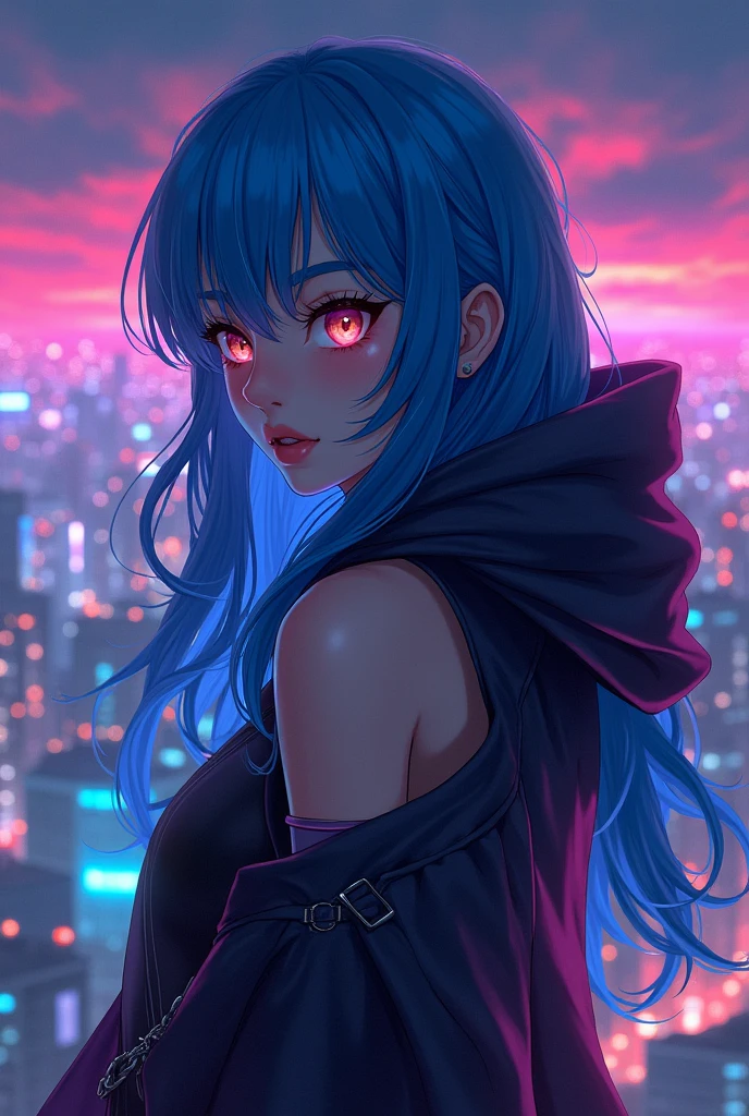 (work of art), best quality, ultra high resolution, Chiquita, cyberpunk, perfect eyes, 1girl flying over a stunning cityscape, hooded cloak, blue hair, pretty long hair, Off The Shoulder, neon colors, writer, stunning night sky, Cinematic lighting, photorrealistic, realistic skin, hdr