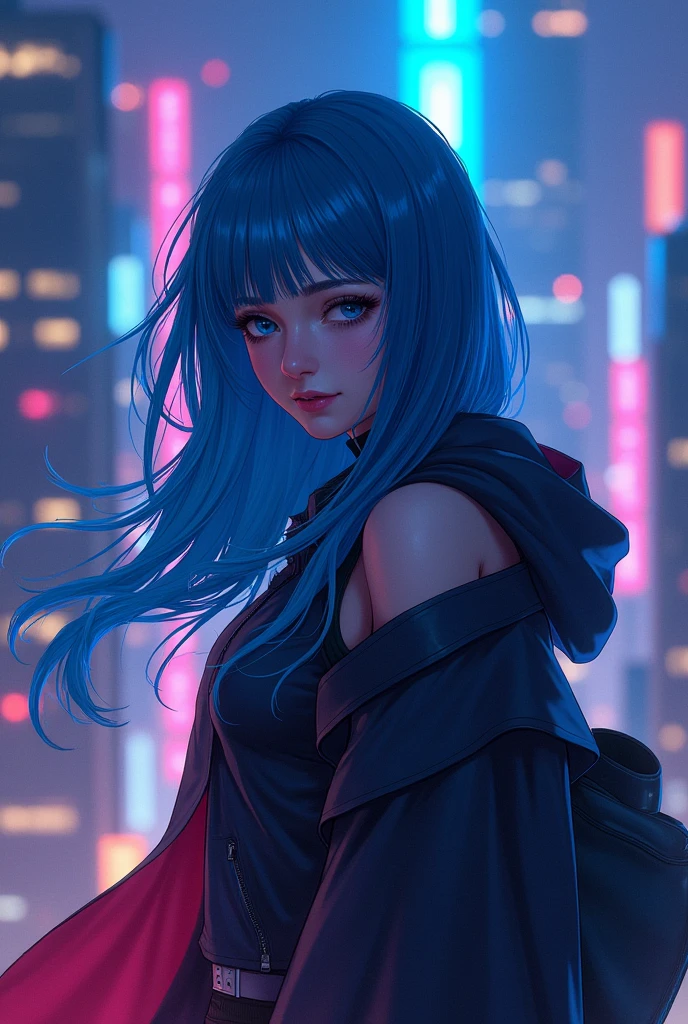 (work of art), best quality, ultra high resolution, Chiquita, cyberpunk, perfect eyes, 1girl flying over a stunning cityscape, hooded cloak, blue hair, pretty long hair, Off The Shoulder, neon colors, writer, stunning night sky, Cinematic lighting, photorrealistic, realistic skin, hdr