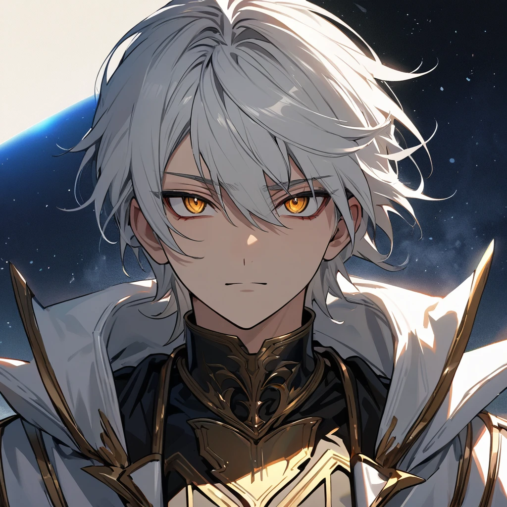 High quality, HD, 4k, no shadows, handsome male, 1male, , teenager, shwhite hair, silver hair, white hair, sharp eyes, dark golden colored eyes, deep golden eyes, dark gold eyes, gold eyes, devil may cry, close up, calm expression, stoic expression, black leather clothes, white leather clothing, lean body, well trained body, upper body, looking at viewer, cowboy shot, white solar, space background