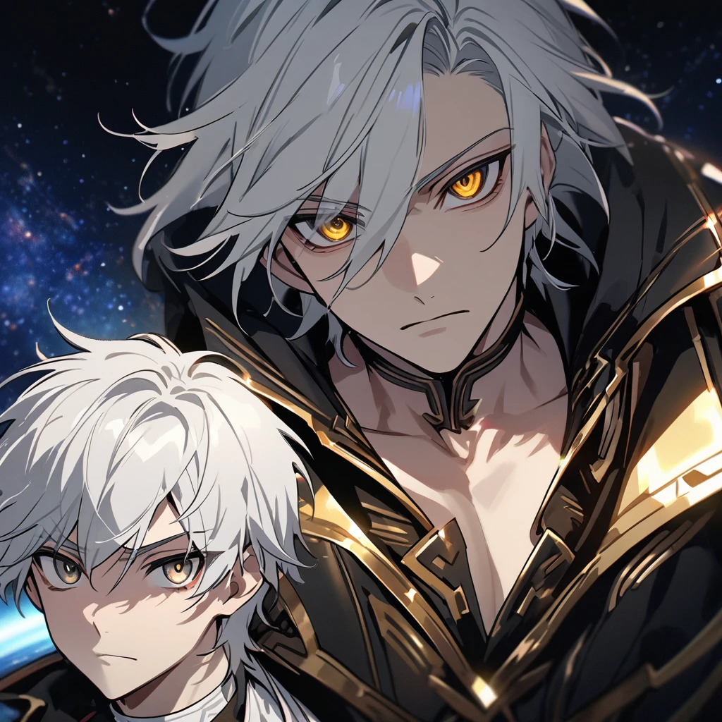High quality, HD, 4k, no shadows, handsome male, 1male, , teenager, shwhite hair, silver hair, white hair, sharp eyes, dark golden colored eyes, deep golden eyes, dark gold eyes, gold eyes, devil may cry, close up, calm expression, stoic expression, black leather clothes, white leather clothing, lean body, well trained body, upper body, looking at viewer, cowboy shot, white solar, space background