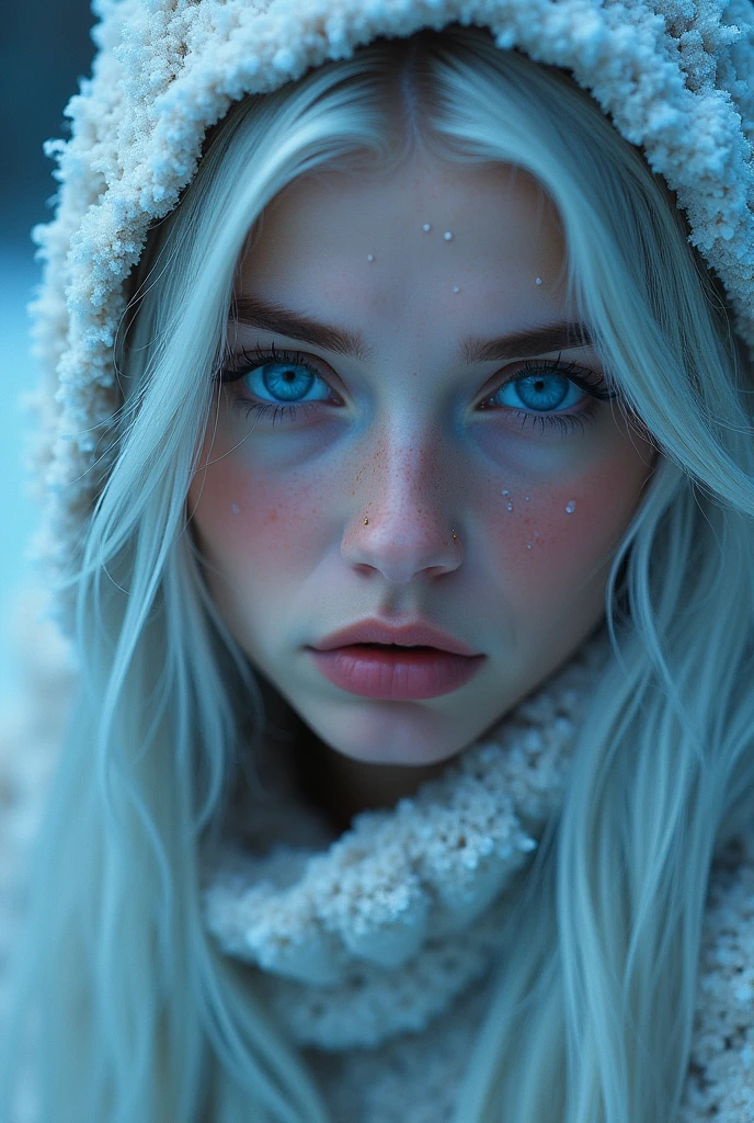 An extremely beautyful ice witch, perfect mesmerizing blue eyes, looking to the camera, close up