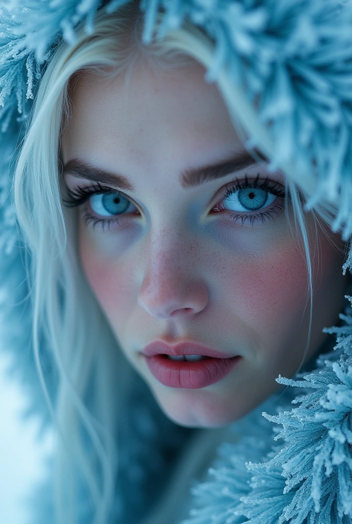 An extremely beautyful ice witch, perfect mesmerizing blue eyes, looking to the camera, close up