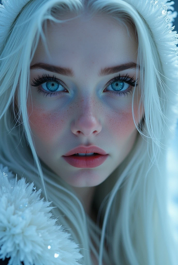 An extremely beautyful ice witch, perfect mesmerizing blue eyes, looking to the camera, close up