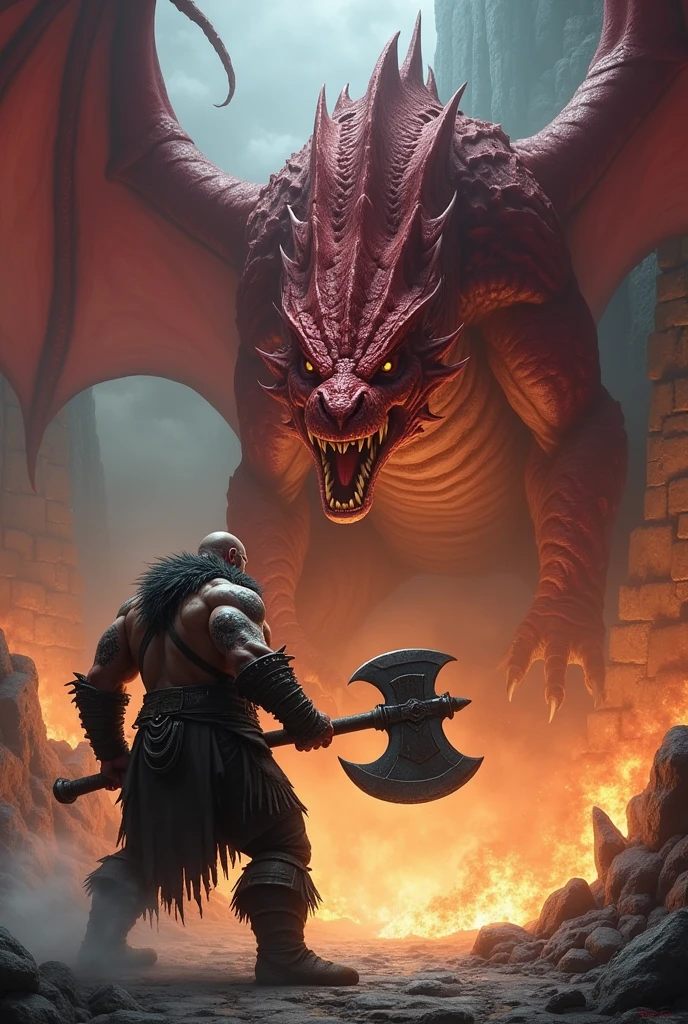 A red, male, dragonborn, barbarian, dungeons and dragons, very muscular, red scales, with a light peach color on bottom jaw and down to the groin, wearing a leather loincloth, holding a large sword in an attack pose