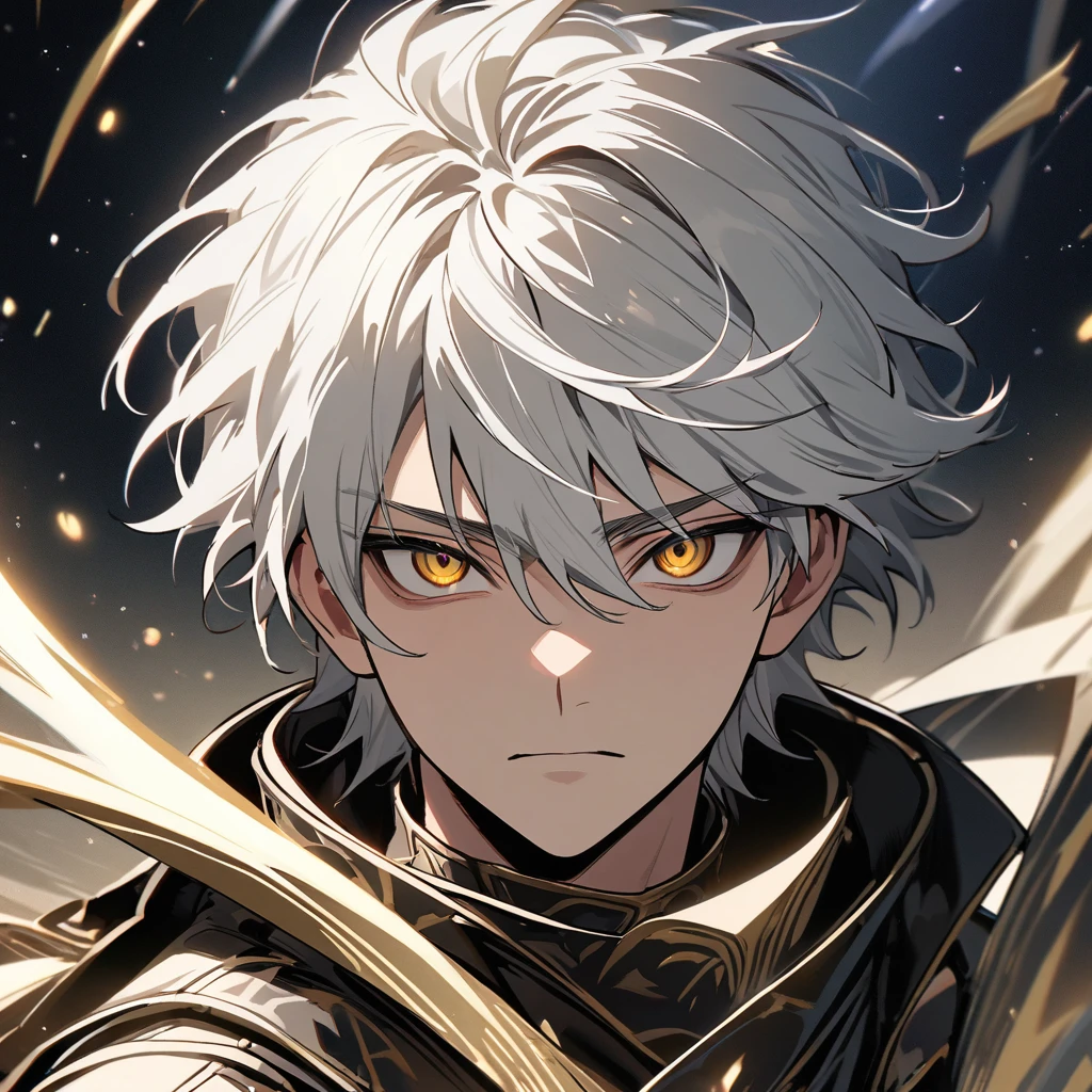 High quality, HD, 4k, no shadows, handsome male, 1male, , teenager, she hair, silver hair, white hair, sharp eyes, dark golden colored eyes, deep golden eyes, dark gold eyes, gold eyes, devil may cry, close up, calm expression, stoic expression, black leather clothes, white leather clothing, lean body, well trained body, upper body, looking at viewer, cowboy shot, white solar, space background