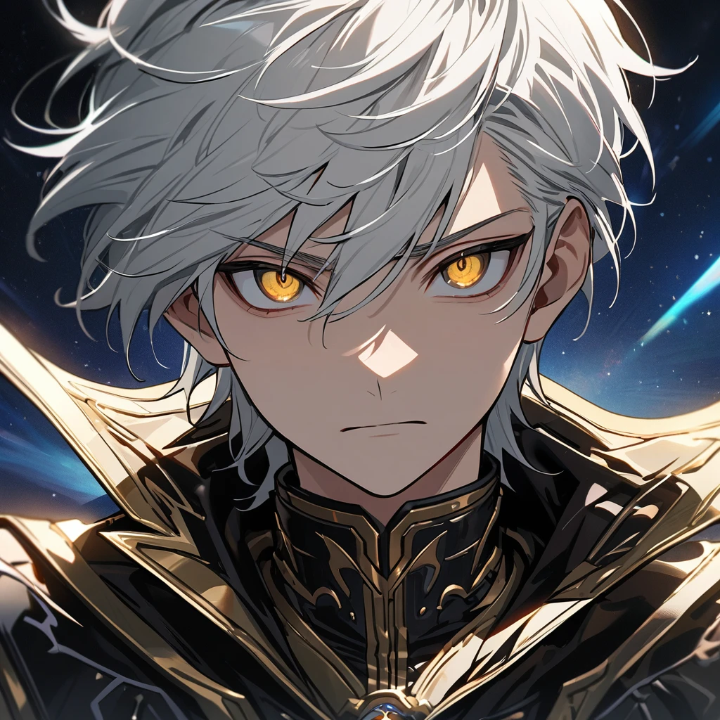 High quality, HD, 4k, no shadows, handsome male, 1male, 17 years old, teenager, short white hair, silver hair, white hair, sharp eyes, dark golden colored eyes, deep golden eyes, dark gold eyes, gold eyes, devil may cry, close up, calm expression, stoic expression, black leather clothes, white leather clothing, lean body, well trained body, upper body, looking at viewer, cowboy shot, white solar, space background
