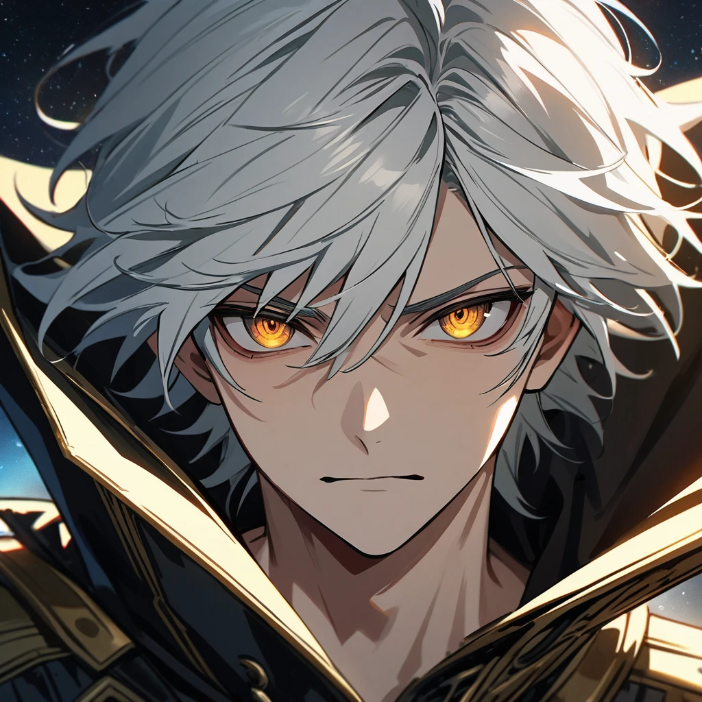 High quality, HD, 4k, no shadows, handsome male, 1male, 17 years old, teenager, short white hair, silver hair, white hair, sharp eyes, dark golden colored eyes, deep golden eyes, dark gold eyes, gold eyes, devil may cry, close up, calm expression, stoic expression, black leather clothes, white leather clothing, lean body, well trained body, upper body, looking at viewer, cowboy shot, white solar, space background