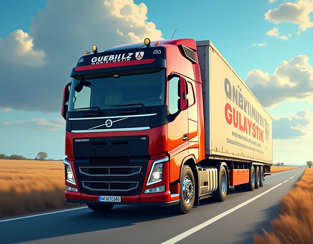 (photorealism:1.2), transport truck, on the road, has a logo that "GULENYUZ LOJİSTİK", international transport firm, a blue sky with sun and clouds, , realistic, intricate details, warm colors, by Greg Rutkowski, by Alphonse Mucha