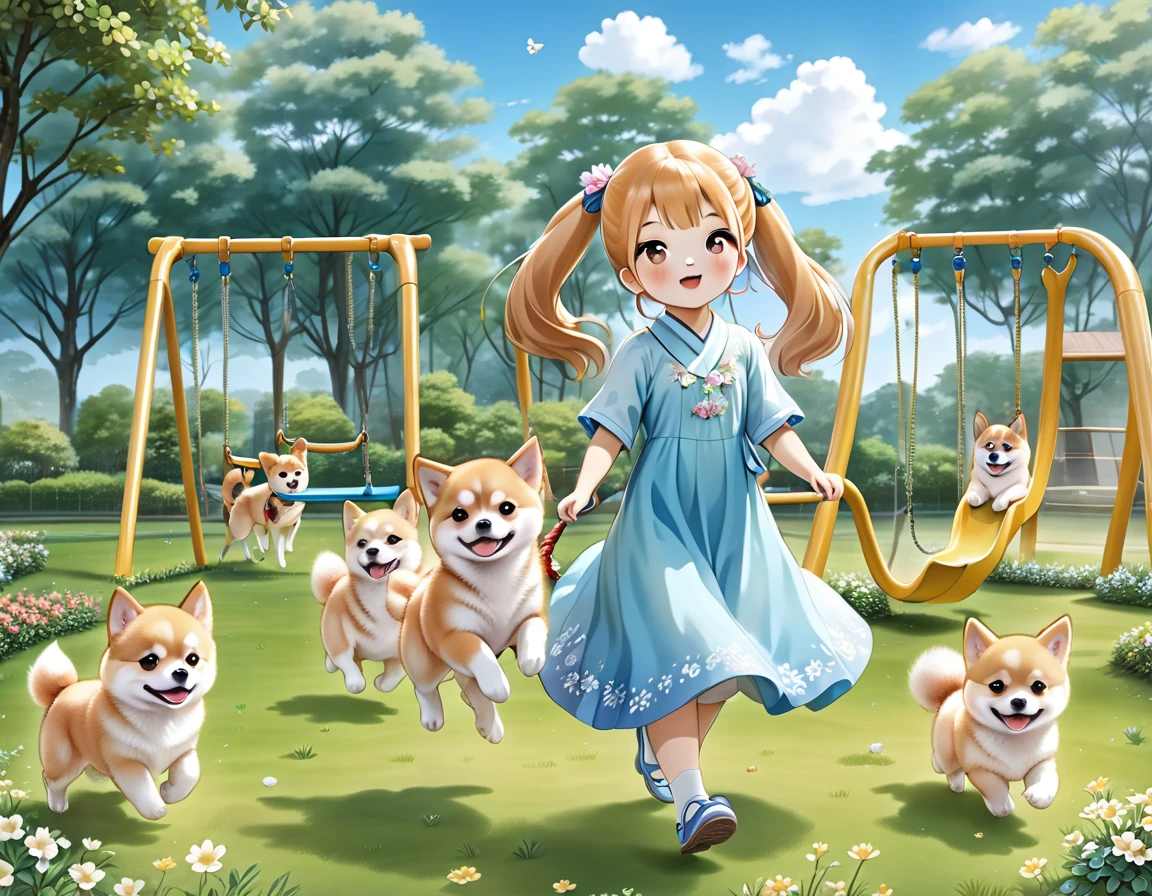 Light blue long hair、Beautiful girl with twin tails、A park full of grass and flowers、There are slides and swings、Five little characters playing、My beloved Shiba Inu dog is running around happily.、
