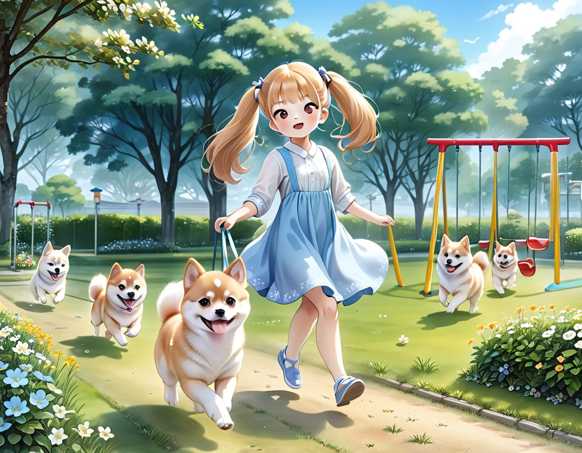 Light blue long hair、Beautiful girl with twin tails、A park full of grass and flowers、There are slides and swings、Five little characters playing、My beloved Shiba Inu dog is running around happily.、