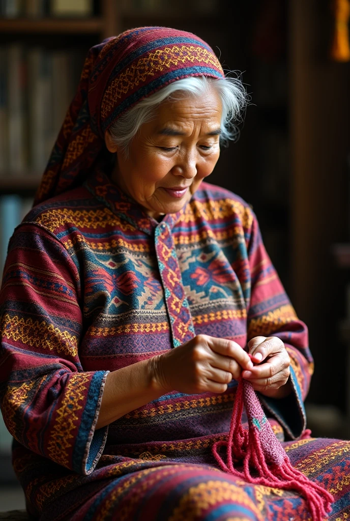 old woman in traditional Javanese clothes , sit down , by knitting