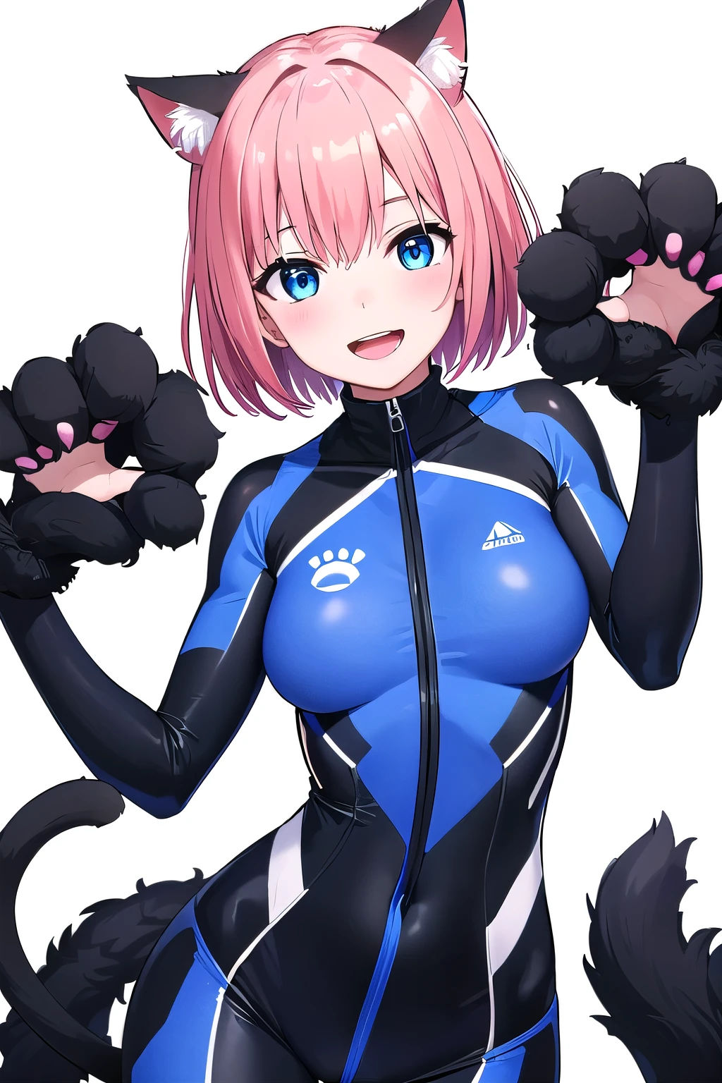 girl,boyish, very short hair, pink Hair, medium Breasts,Black glossy tight suit,Cowboy Shot,blush,sexy face,blue eyes,front leg pose,Tight fit,clearly,Striped pattern, (white background:1.3), cat ears, cat tail, (open mouth:1.2), (smile:1.3)