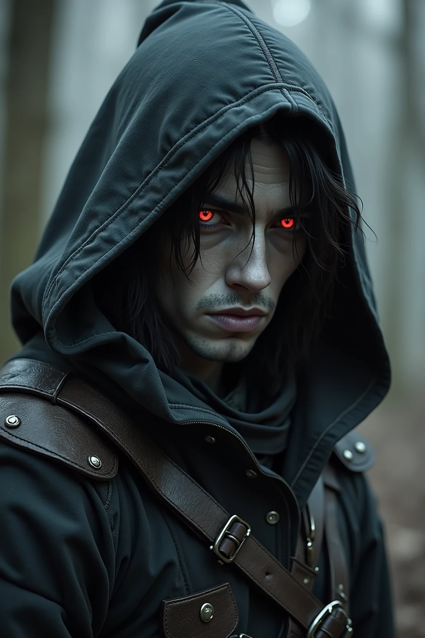 MAN eladrin rogue in hood with black hair, gray skin and red eyes