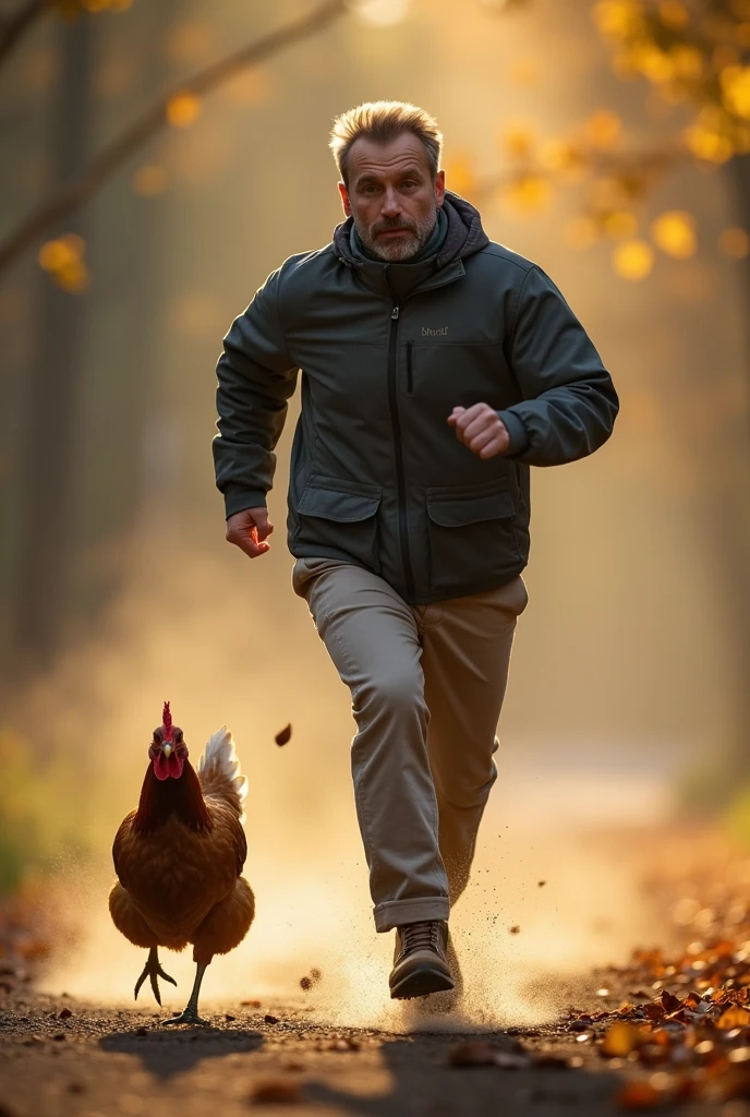 man running after a chicken