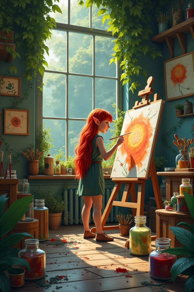 Art studio with glass jars with paint, Brushes, Canvases of various sizes and plants all over the place. A red-haired elf painting on one of the canvases.
