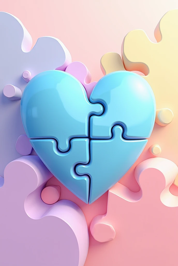 create a 2D image of a heart with 4 pastel blue puzzle pieces, Pink, lilac and yellow.