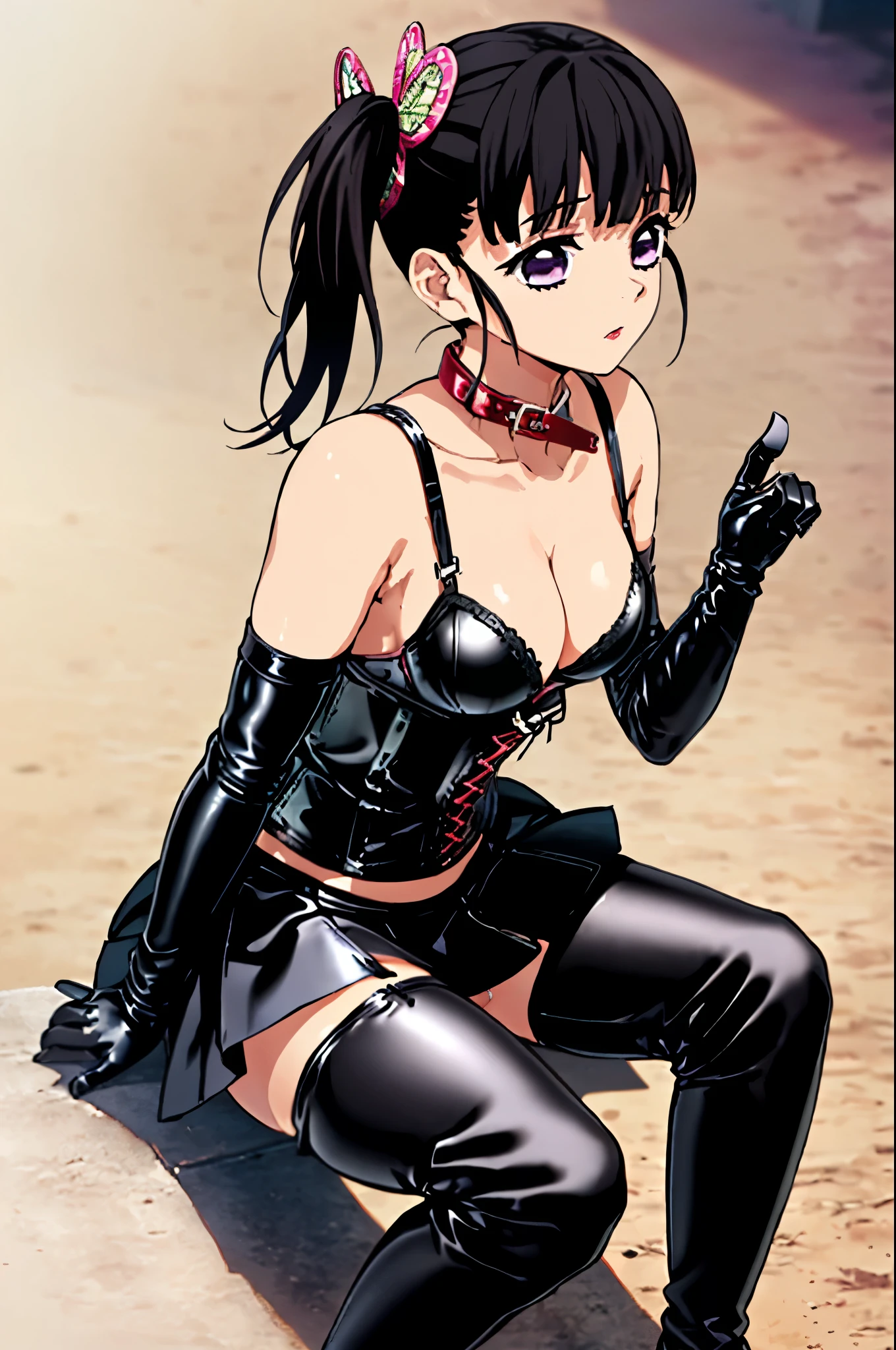 (((Yankee sitting:1.4)))、(((Poop sitting:1.4 )))、(((:1.4)))、(((Wide-open legsでしゃがむ:1.4)))、(((Spread your legs in an M shape:1.4 )))、BDSM、Queen、mistress、(((One girl)))、(((solo:1.8)))、(((Black latex elbow gloves:1.4 )))、(((Black latex corset dress:1.4)))、(((The corset dress is decorated with beautiful lace.)))、(((Corset dress with shoulder straps)))、(((Black latex tight mini skirt:1.4)))、(((Black Thigh Boots)))、(((Black rubber tights:1.2 )))、(((Stiletto Heel Boots:1.4)))、(((Black latex panties)))、(((Black latex bra)))、(((Red leather collar)))、(((Sexy pose:1.4 )))、Wide-open legs:1.2、(((Erotic)))、(((Cowboy Shot)))、Close-up、Fine-grained beautiful skin、Two perfect anatomical arms、Two perfect anatomical legs、(Perfect 4 fingers and 1 thumb)、Masterpiece、high resolution、High resolution、Kimetsu no Yaiba style、One girl、蝶のhair ornaments、hair ornaments、alone、Purple eyes with no highlights、(((Side Ponytail)))、Black Hair、Expressionless、Staring at the audience、looking at the camera、Outdoor、Trimmed bangs、wood、fence、Anime Coloring