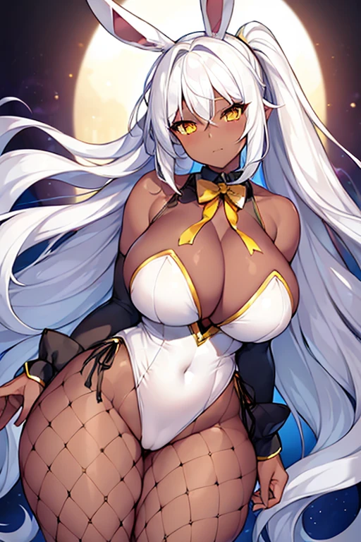 1girl, white hair, long hair, dark-skinned female, dark skin, yellow eyes, breasts, huge breasts, bowtie, wide hips, thick thighs, fishnets, bunnysuit, leotard, white bunnysuit, shy, timid, wavy mouth, ponytail, yellow trim, fishnet, fishnet legwear, gold trim