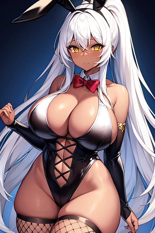 1girl, white hair, long hair, dark-skinned female, dark skin, yellow eyes, breasts, huge breasts, bowtie, wide hips, thick thighs, fishnets, bunnysuit, leotard, white bunnysuit, shy, timid, wavy mouth, ponytail, yellow trim, fishnet, fishnet legwear, gold trim