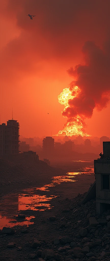 An empty, devastated landscape under a crimson sky. Massive explosions erupt in the distance, with thick smoke and fire spreading across the scene. Collapsed buildings lay in ruins, surrounded by debris and craters from recent bombings, while the air is thick with the aftermath of destruction