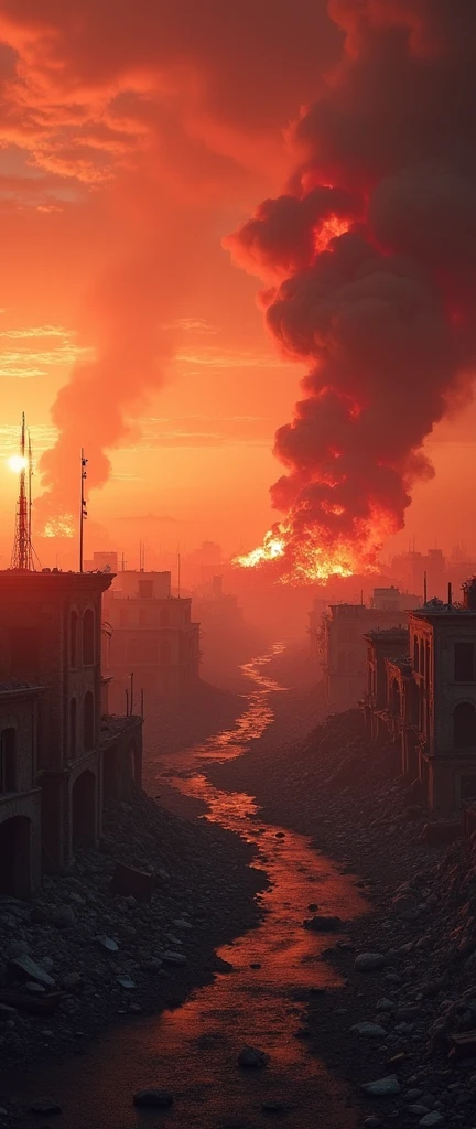 Night scene, Old Testament, historic architecture, Jericho destroyed, cracked walls, burning buildings, dramatic lighting, vibrant colors, smoke and ashes in the air, reflections of fire in the ruins 8k, HDR