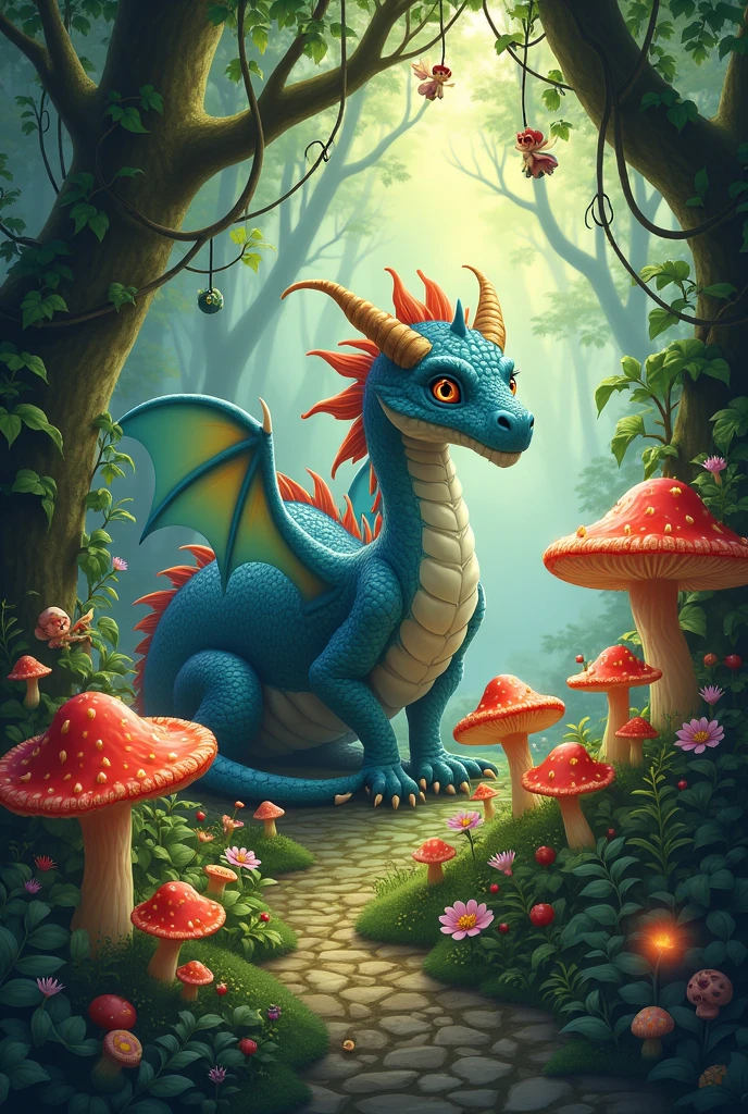 Mystical garden with fairies gnomes mushroom and a dragon