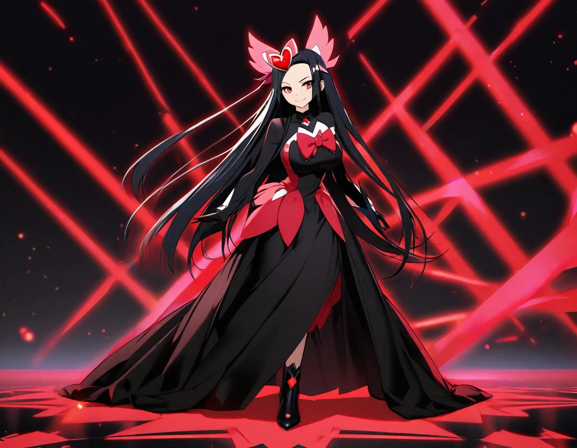 cure devil(magical girl, cool, big breast, feather motif hair accessory, straight long black hair, red eyes, black long dress, black short boots, black opera gloves, light smile)