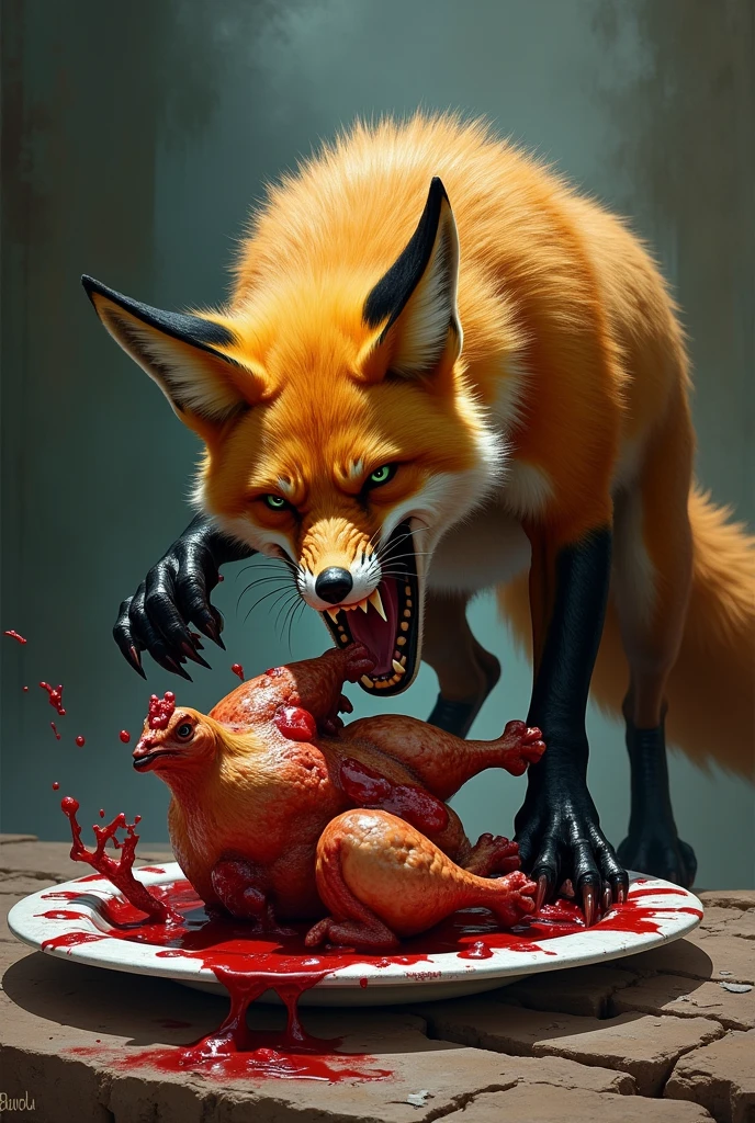 A muscular fox with a look of hatred tearing apart a chicken on a dead plate