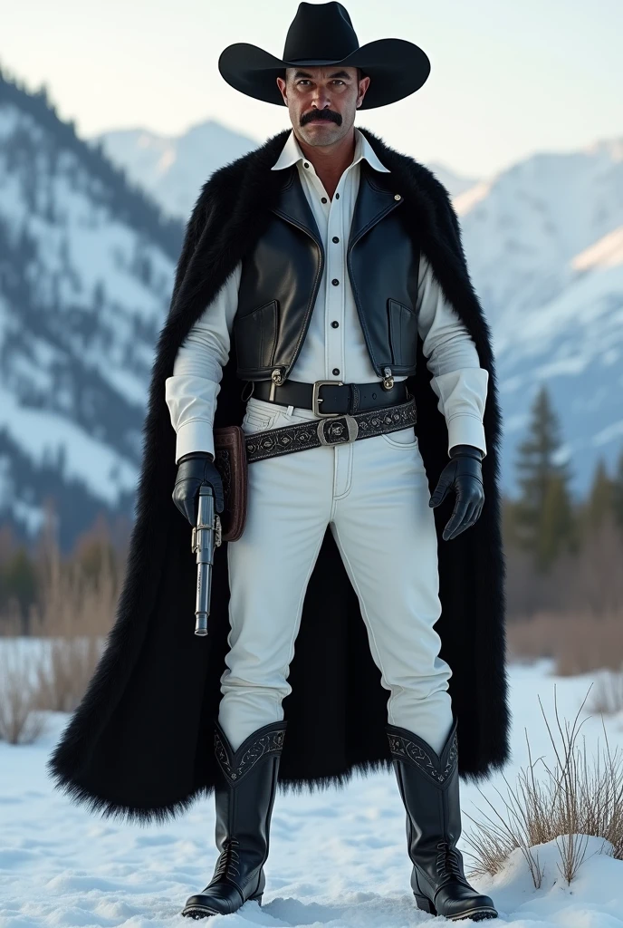 Show me a legendary gunslinger with a black Mexican hat, a mustache, with a white shirt, a black vest closed over the shirt, a black panther skin covering his shoulders and part of his back, white denim pants, black cowboy boots on her feet, with a black belt and being in a cold, mountainous setting, that he is in an epic pose holding his gun and that he is seen from head to toe