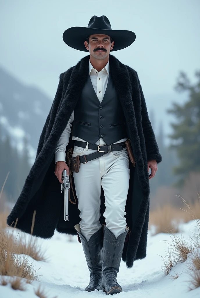 Show me a legendary gunslinger with a black Mexican hat, a mustache, with a white shirt, a black vest closed over the shirt, a black panther skin covering his shoulders and part of his back, white denim pants, black cowboy boots on her feet, with a black belt and being in a cold, mountainous setting, that he is in an epic pose holding his gun and that he is seen from head to toe 