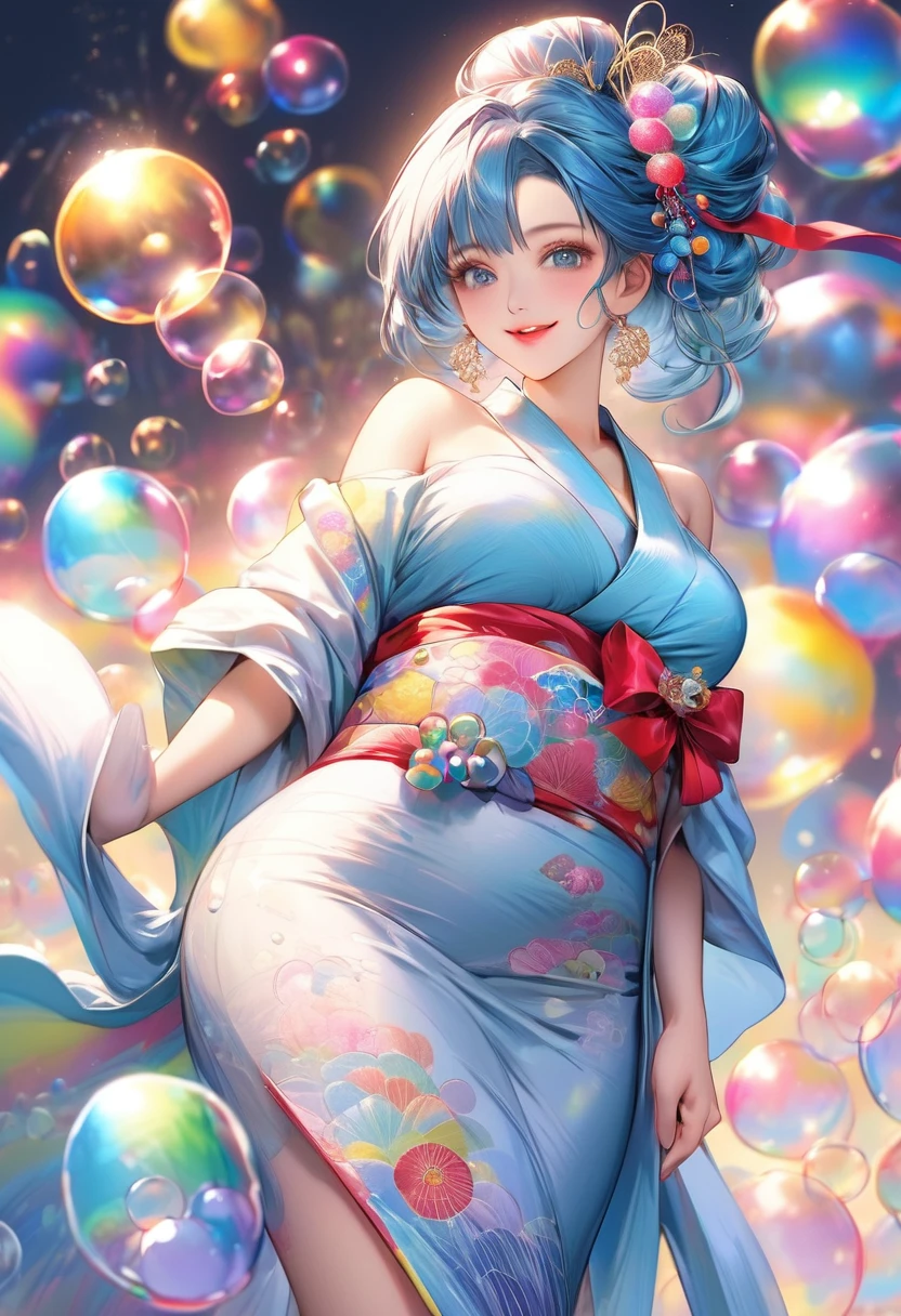 {worst quality, low-quality}, ((a closeup)), (girl with:1.2), (Big breasts), (A turquoise blue-haired, short-cut:1.3), plump shiny lips, Beautiful clear eyes, (The best smile), Spoken Heart, (perfect hand:1.2), (bubbles theme:1.4), (Japanese courtesan girl with:1.3), (Comes with maxi length Blue kimono [yellow] Obi:1.4), (Highly detailed and colorful embroidery and fancy firework patterns :1.3), (off shoulders:1.4), (geta:1.2), (Fancy hair ornaments:1.3), ((super huge ribbon:1.2) in front of the waist:1.3), low angle shot, (beautiful rainbow colored soap bubbles1.4), (rainbow colored soap bubbles background:1.2), masutepiece,Best Quality,ultra-detailliert, ​masterpiece,