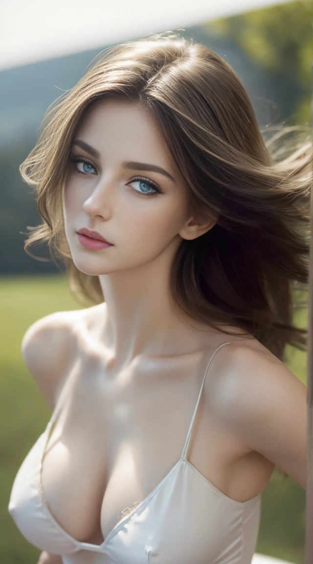 (masterpiece, Highest quality, photoRealistic, High resolution, photograph, :1.3), Extremely close up shot, Sharp focus, 1 brunette girl, European girl, Hot Model, Highly detailed eyes and pupils, Realistic skin, Slim figure, Cleavage, Very fine hair,Hair fluttering in the wind, Delicate and sexy face, Sensual Gaze, Glossy Lips, ((leotard)), Outdoor, ((Realistic, super Realistic, realism, Realistic detail)), Well good, arched back, cowboy shot