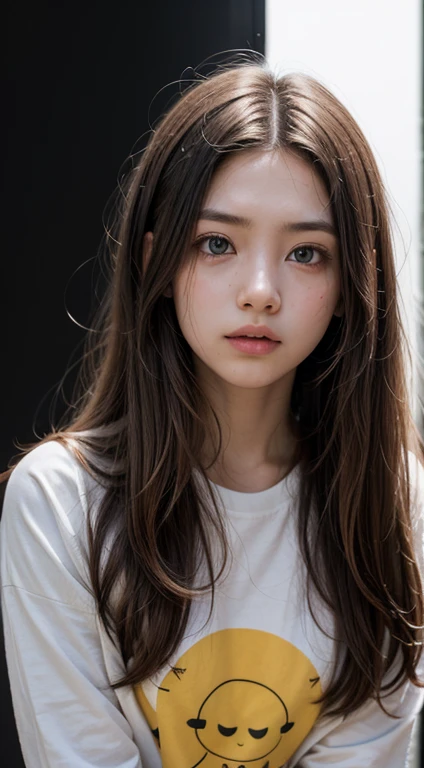 (high qualiy, Breathtaking),(expressive eyes, face perfect), 1Kizi, Kizi, standing alone, 小柄, young Kizi, long hair, cabelo pink, yellow  eyes, Jumpy, black tee, white background , focus for camera ,