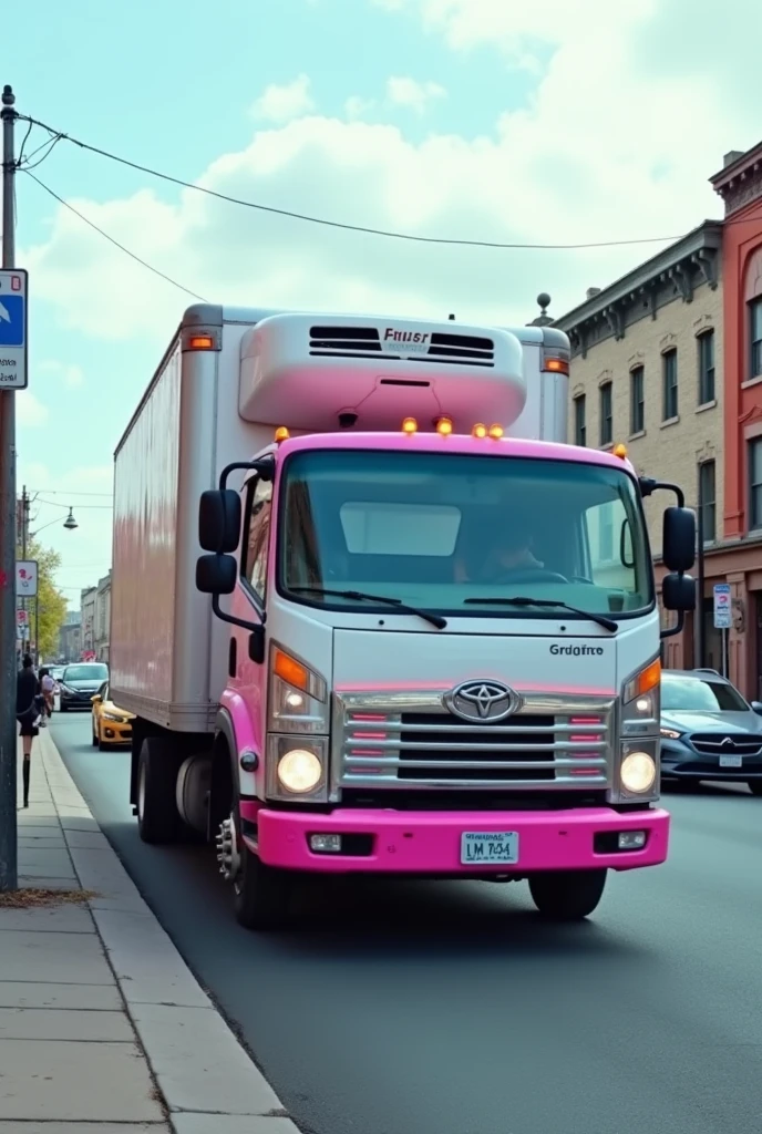 Generate an image, a refrigerated truck, with pink bumper, in town, have cars on the street,  on the way to a delivery