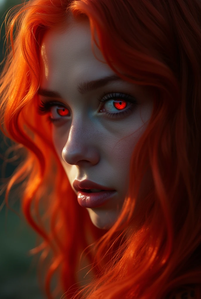 An extremely beautyful fire witch, perfect mesmerizing red eyes, looking to the camera, close up