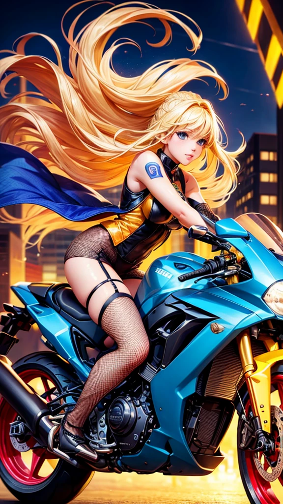 A beautiful girl on a motorcycle, very detailled, with vibrant colors and blonde hair flying in the winds, with several lights and fishnet stockings