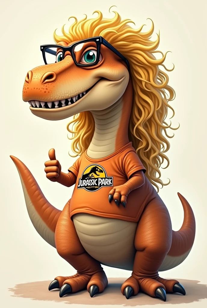 A blonde t-rex with long curly hair, who wears glasses with transparent frames, wearing a jurassic park shirt giving a thumbs up