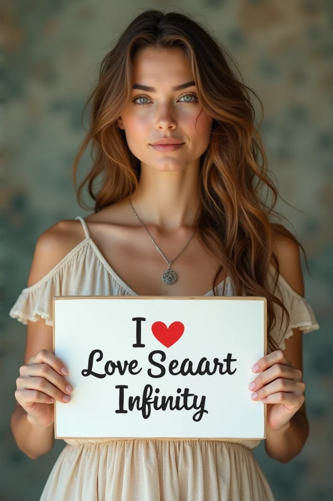 Beautiful girl with wavy long hair, bohemian dress, holding a white board with text "I Love Seaart Infinity" and showing it to the viewer