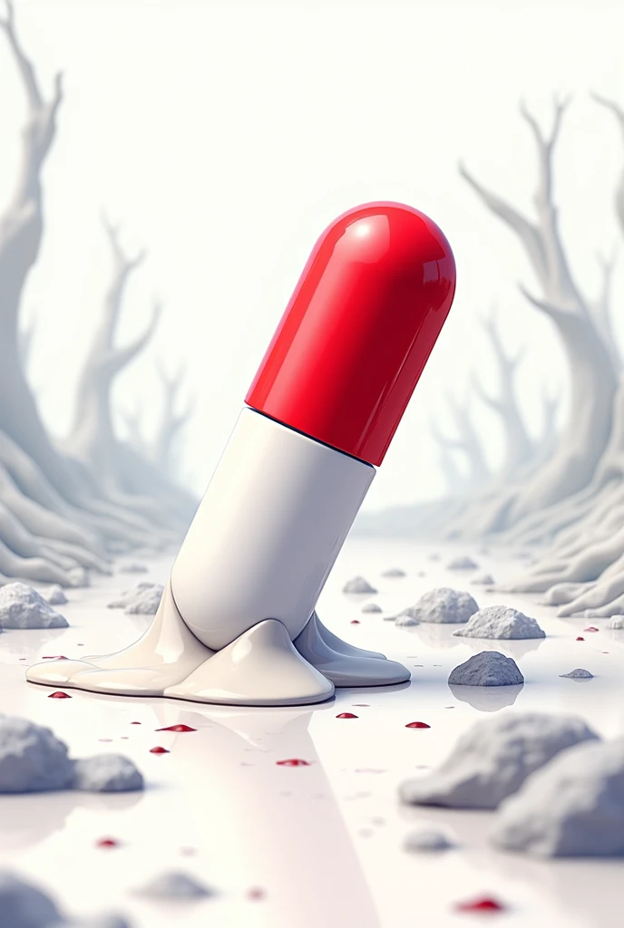 A red and white pill in a bony white background melting and tiletd 45°NE cartoon style