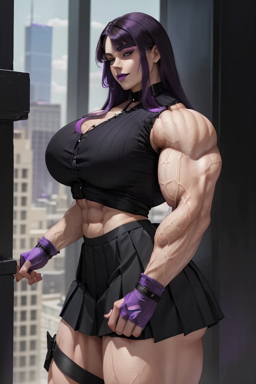 ((Close-up)), tall, (violet purple hair) beautiful muscular woman, long hair with long bangs, pale white skinned, closed smile, (black lipstick), (massive muscles), (hyper muscle), (ginormous bulky muscles), black eyes, (((sleeveless violet pleated shirt))), ((long black pleated skirt)), (fingerless gloves), necktie, boots, on a skyscraper, 