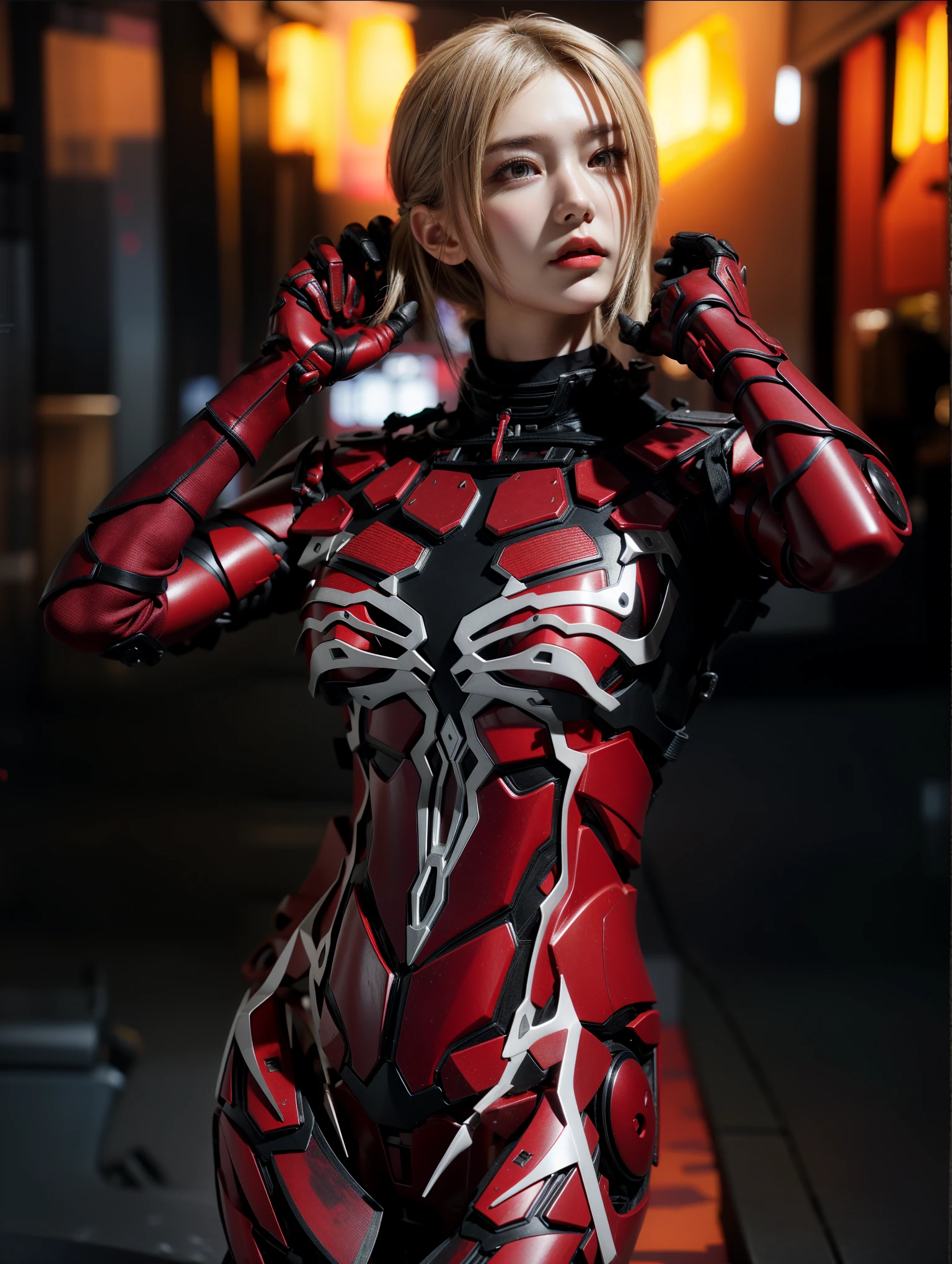 Fantasy cyberpunk world,1 Mechanical wonder,Defending world order;Samurai Mechanical Armor,Equip transparent weapons,Streamlined black and red design,Wearing a black cape,For one person,This is a large portion,Highest quality art,8K ultra-high resolution,Dynamic Lighting,Equally brilliant,Vibrant colors,Wearing a cyberpunk space helmet,Glowing Steel Tech Mech Mask,Future high-tech tactical helmet,High-tech mechanical armor combat suit,High-tech luminous gas mask,Ex Machina,Hands up,Fingers straightened,Mechanical arm