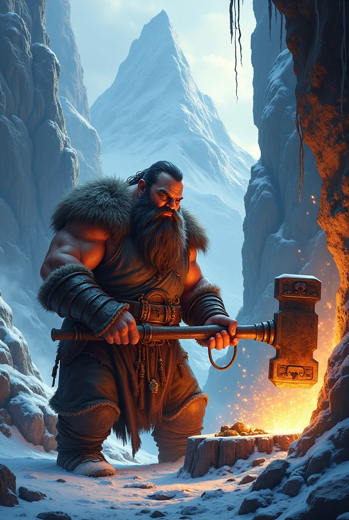 A dwarf forged his hammer in the frozen mountains