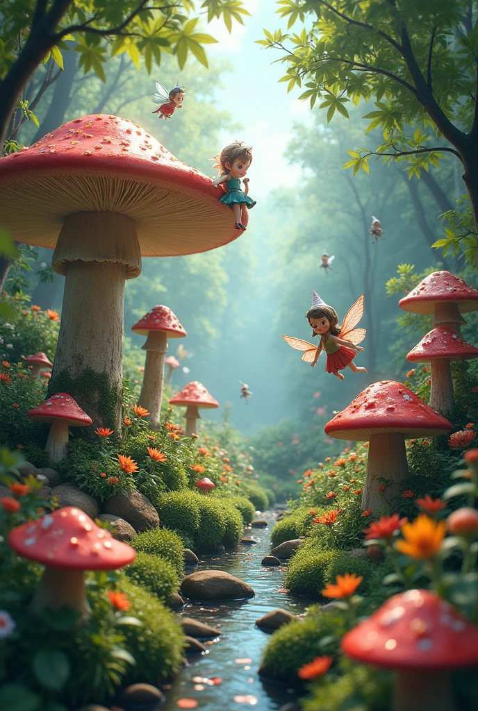 Mystical garden with fairies gnomes mushroom and a dragon AND fairies