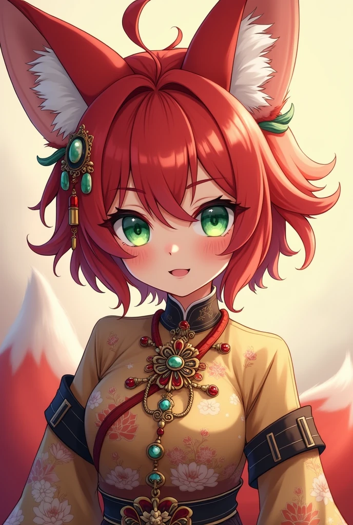 Fox girl with short red fur and green eyes with jewelry and Chinese anime style clothing