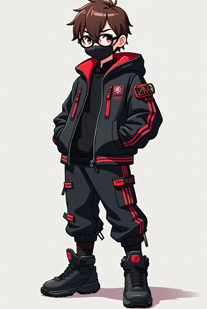 A brown-haired boy with round dark glasses wearing a black jacket with red stripes and other details,as well as using a black mask , wear black pants with red stripes and finally wear a pair of robotic boots and a gamer logo