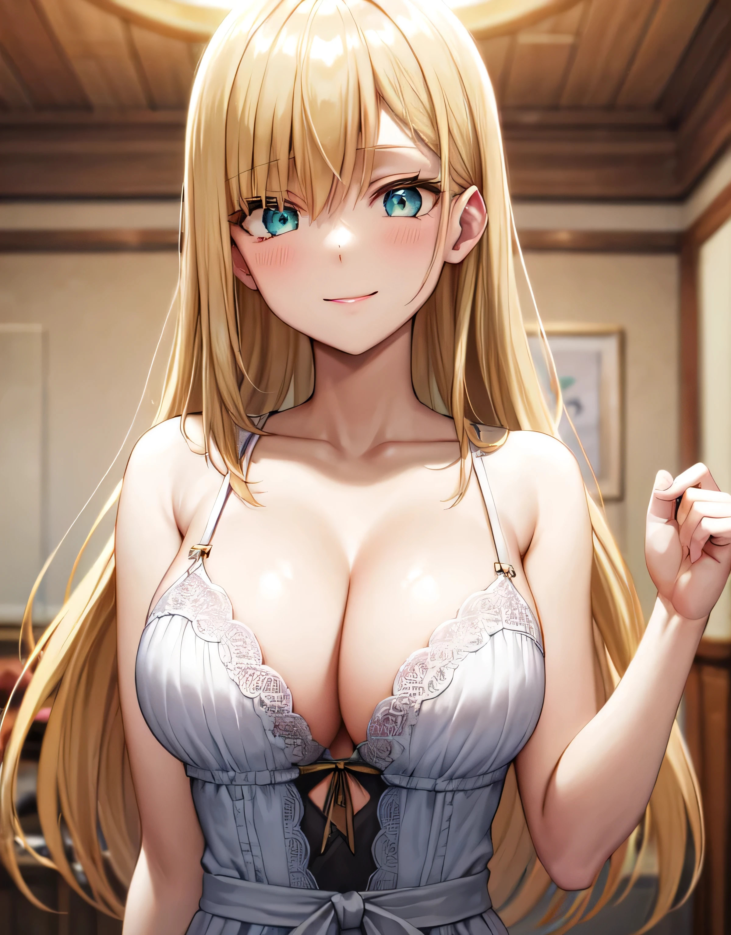 (large breasts:1.55),(shiny,hair),((solo)),((masterpiece)),((best quality)),perfect anatomy,slim waist,perfect image,8k UHD,(beautiful detailed eyes:1.5),extremely detailed face,standing,(upper body:1.25),(look at the front:1.5),arms behindback,ultra-detailed,absurdres,highres,roxy hart,(aqua eyes:1.1),blonde hair,smile,(luxury indoor room),lingerie,(deep cleavage:1.1),